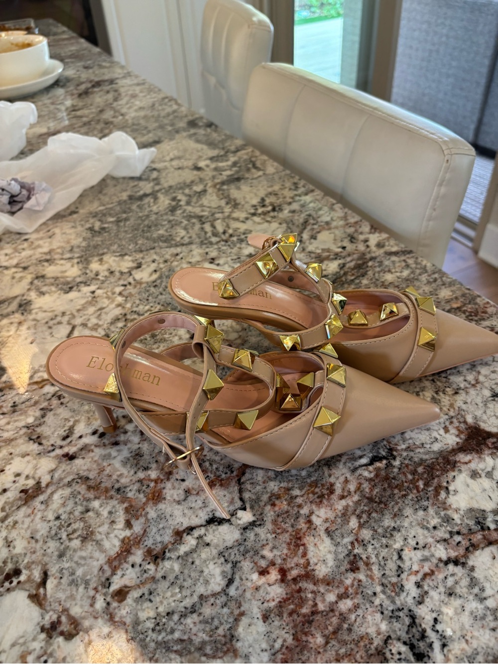 Nude Studded Pointed-Toe Mules